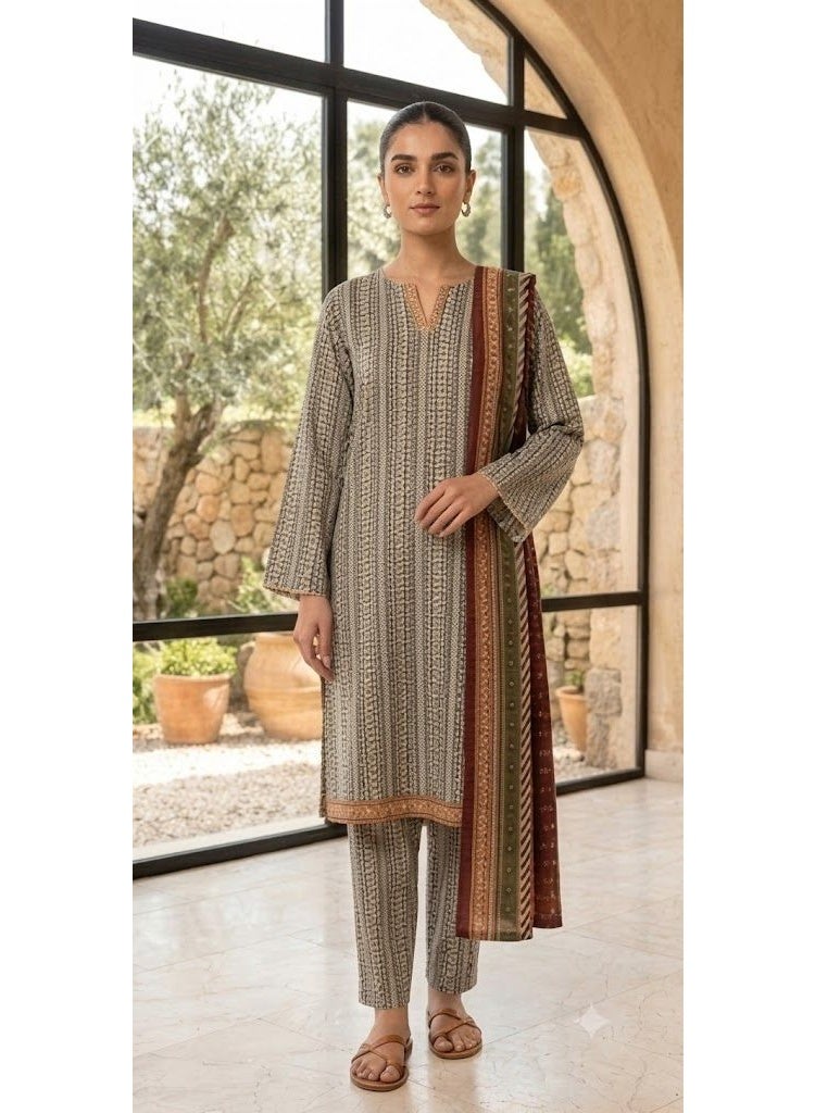 BLUBRAIN Women's 3-Piece Geometric Printed Lawn Kurti Set with Trousers and Dupatta – Traditional Summer Salwar Kameez Casual Suit - Image 1