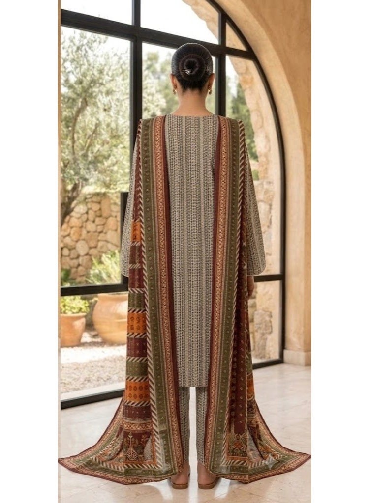 BLUBRAIN Women's 3-Piece Geometric Printed Lawn Kurti Set with Trousers and Dupatta – Traditional Summer Salwar Kameez Casual Suit - Image 2