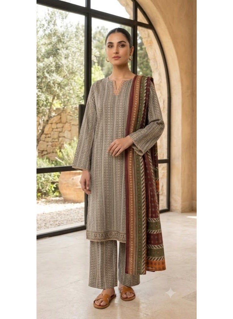BLUBRAIN Women's 3-Piece Geometric Printed Lawn Kurti Set with Trousers and Dupatta – Traditional Summer Salwar Kameez Casual Suit - Image 3