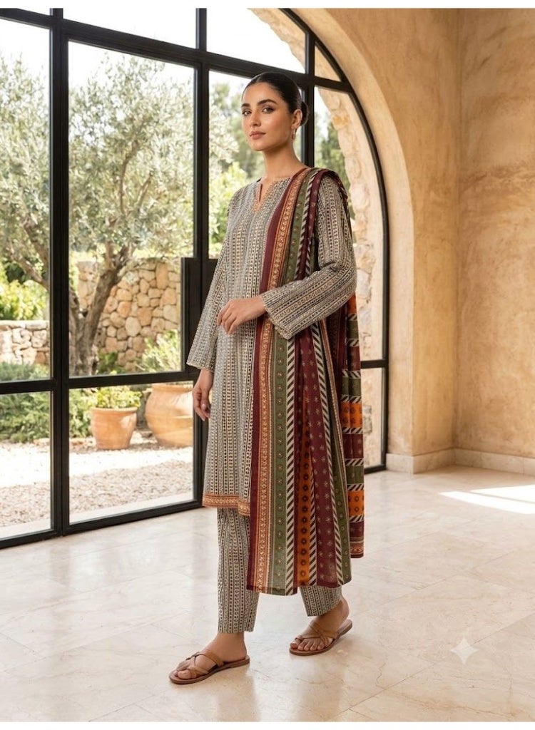 BLUBRAIN Women's 3-Piece Geometric Printed Lawn Kurti Set with Trousers and Dupatta – Traditional Summer Salwar Kameez Casual Suit - Image 4