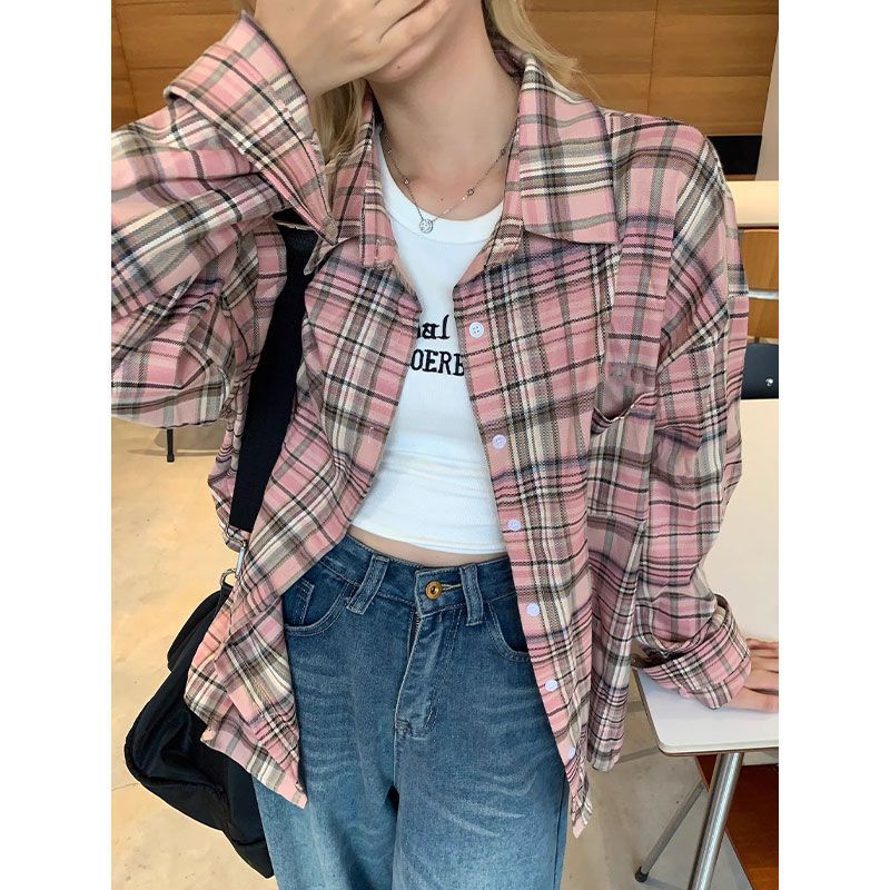 Korean Pink Plaid Polo Long Sleeve Loose Trendy Shirt Sym quality combed cotton pink plaid stripes 33