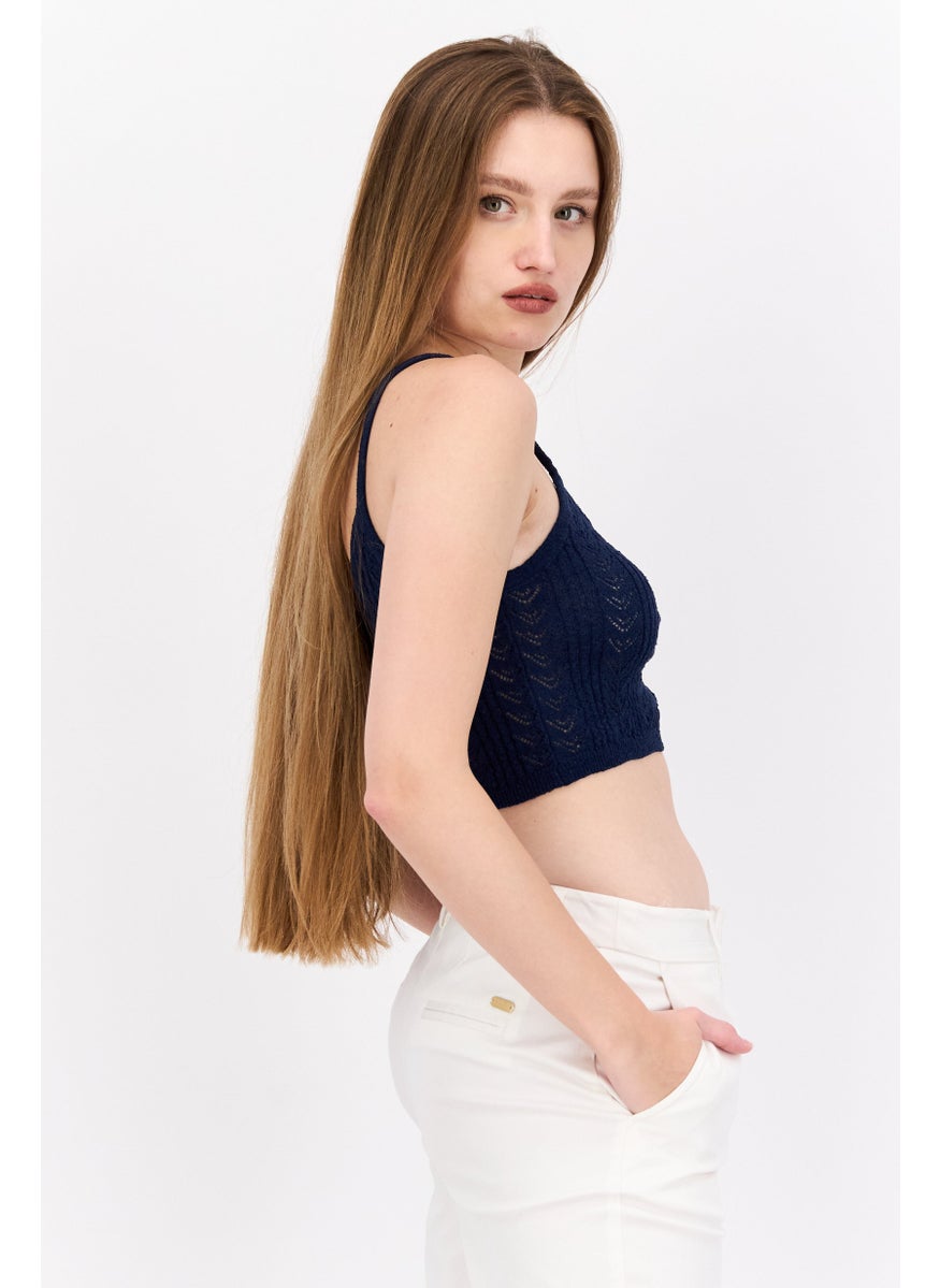 Cotton On Women U-Neck Sleeveless Textured Top, Navy  - Image 2