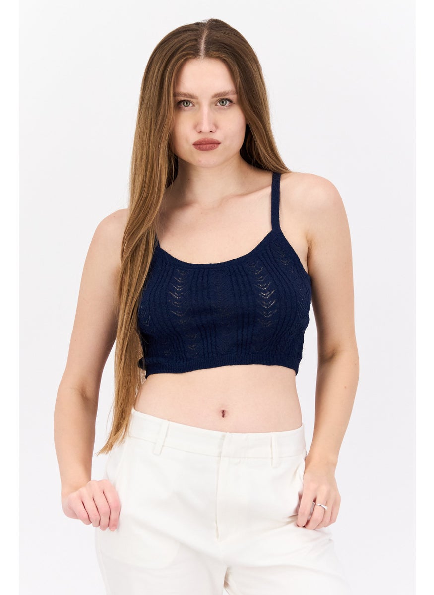 Cotton On Women U-Neck Sleeveless Textured Top, Navy  - Image 1