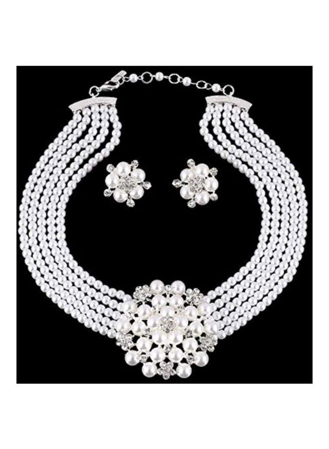 Stone Studded Pearl Necklace And Earrings Set - Image 2