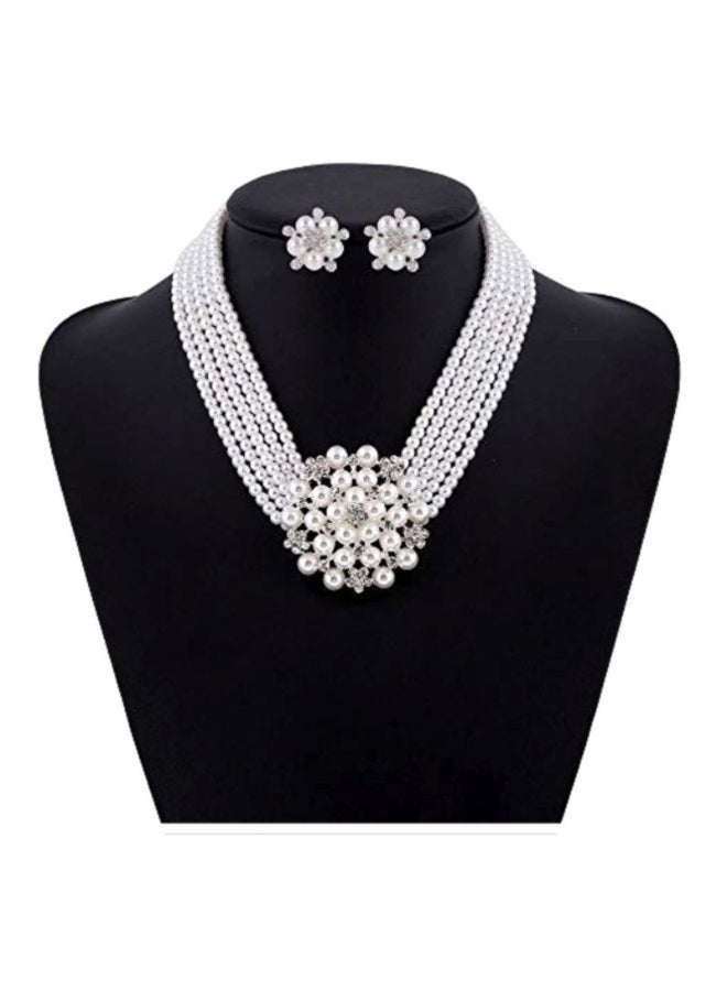 Stone Studded Pearl Necklace And Earrings Set - Image 1