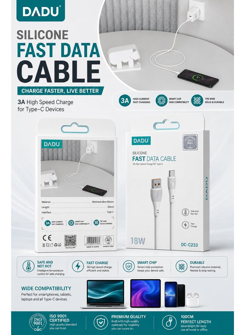 دادو كابل USB Type-C من السيليكون للشحن السريع ونقل البيانات (3 أمبير، 18 واط)، يتميز بمتانة عالية بفضل هيكله المصنوع من سبائك الألومنيوم وشريحة ذكية لضمان شحن سريع وآمن؛ متوافق مع هواتف أندرويد الذكية والأجهزة اللوحية وبنوك الطاقة (Power Banks)؛ كابل شحن من USB-A إلى Type-C بطول متر واحد. - Image 2