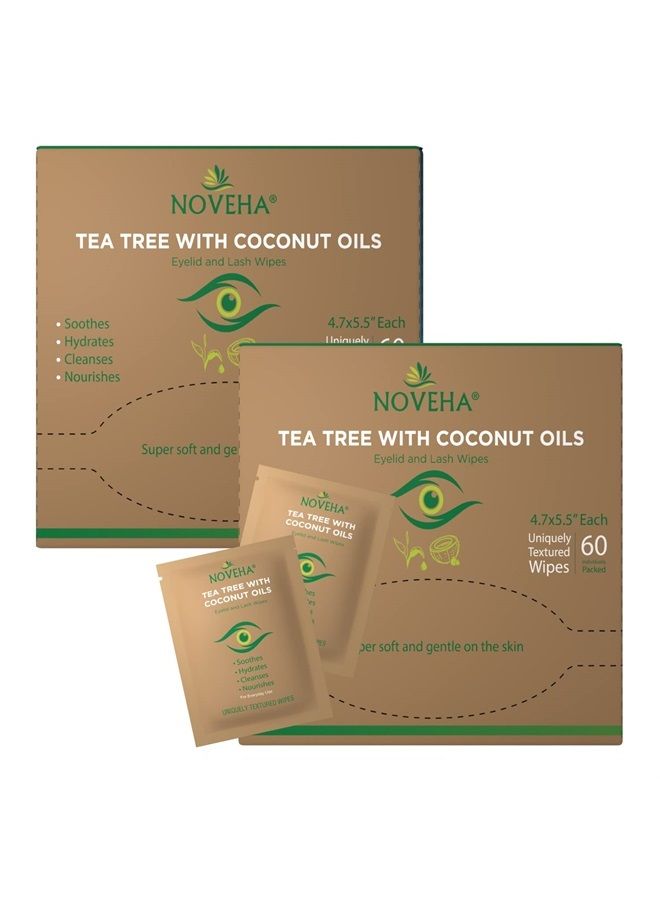 NOVEHA Tea Tree And Coconut Oil Eyelid And Lash Wipes For Demodex, Blepharitis, Itchy Eyes, Box Of 60 Individually Wrapped Eyelash Wipes With Aloe Vera, Natural Makeup Remover And Daily Eye Cleanser - Image 1