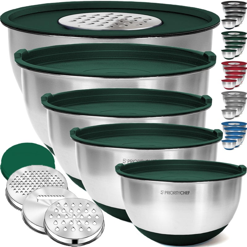 Priority Chef Stainless Steel Mixing Bowls with Lids Set 3 Grater Attachments Airtight Lids NonSlip Silicone Base Mixing Bowl Set Large Prep Metal Mixing Bowls for Kitchen Green