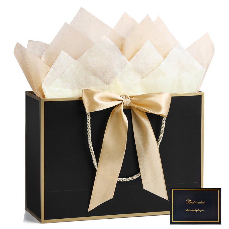 JMANNI Gift Bags, Large Gift Bags, 1Pcs Paper Gift Bag with 2 Tissue Paper and 1 Greeting Cards, Present Bags with Handles for Women Girls Bridesmaid Birthday Valentines Wedding Party (Golden-Black) - Image 1