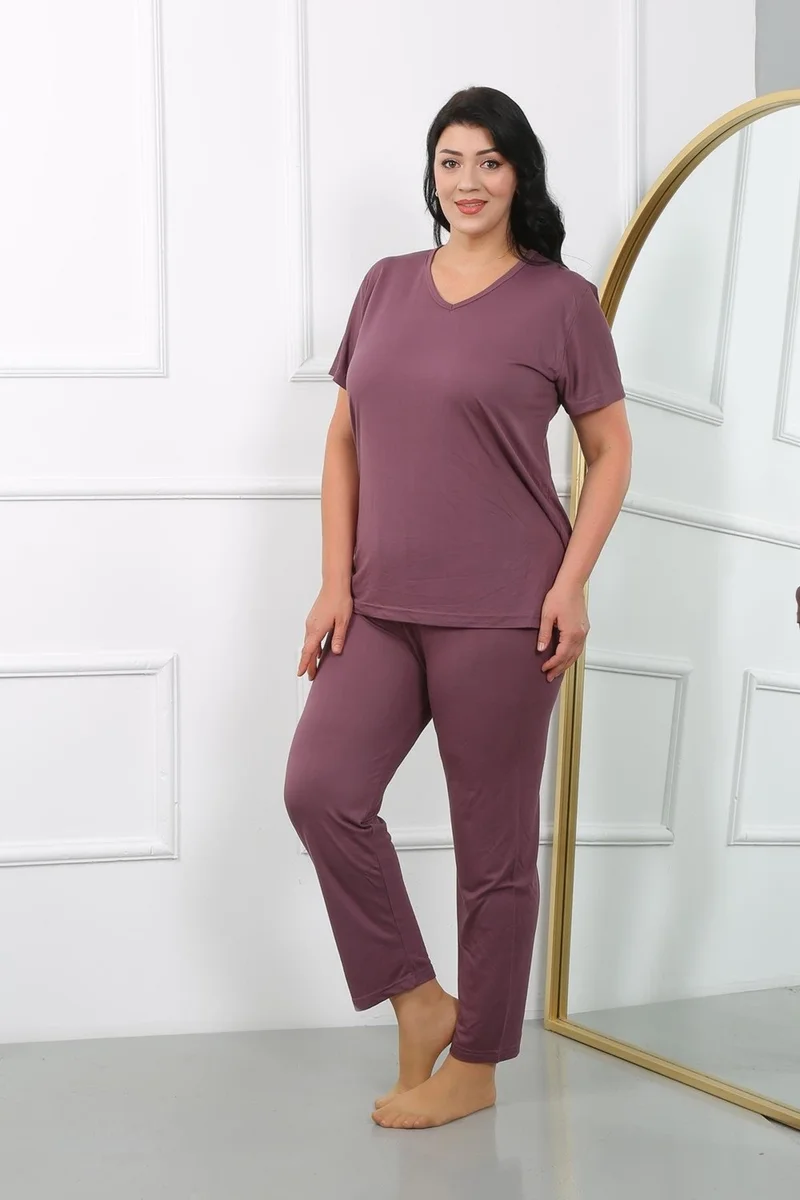 اكبينيز Women's Plus Size Short Sleeve Combed Cotton Pajama Set Plum 202405