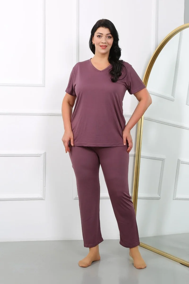 اكبينيز Women's Plus Size Short Sleeve Combed Cotton Pajama Set Plum 202405
