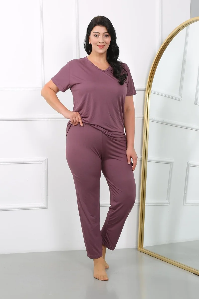 اكبينيز Women's Plus Size Short Sleeve Combed Cotton Pajama Set Plum 202405