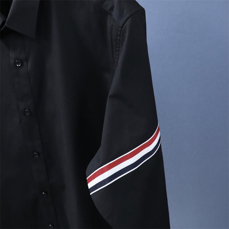 Add large size European goods sleeve three-color webbing business casual long sleeve shirt shirt fat fat guy base single wear Black - Image 4
