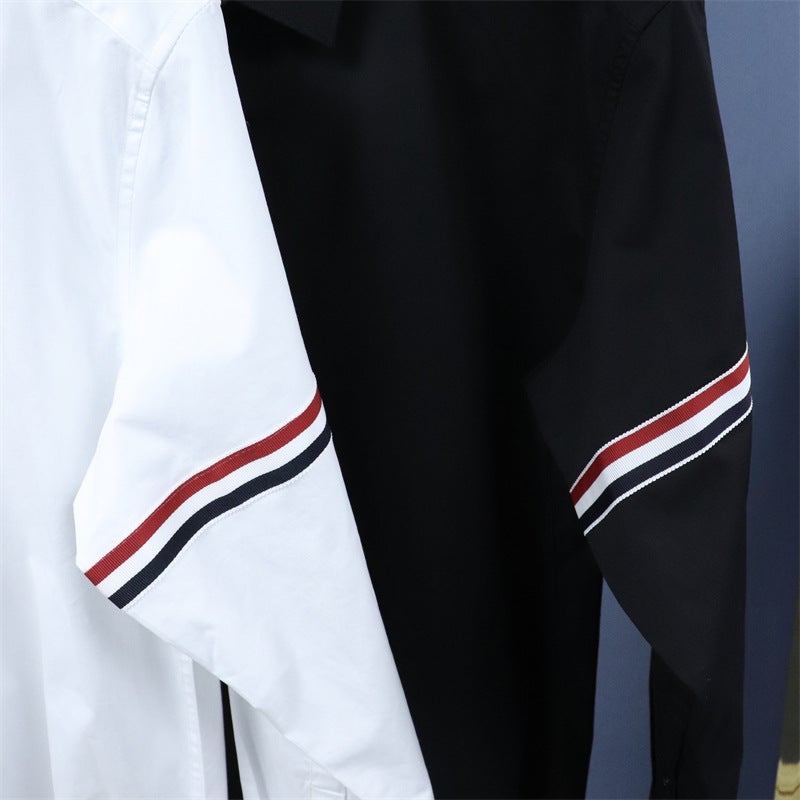 Add large size European goods sleeve three-color webbing business casual long sleeve shirt shirt fat fat guy base single wear Black - Image 3
