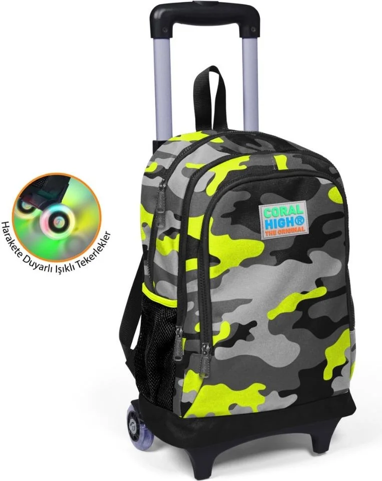 CORAL HIGH Kids Black Gray Camouflage Patterned Three Compartment Lighted Wheeled School Backpack 23137