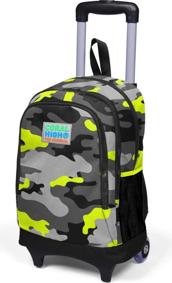 CORAL HIGH Kids Black Gray Camouflage Patterned Three Compartment Lighted Wheeled School Backpack 23137