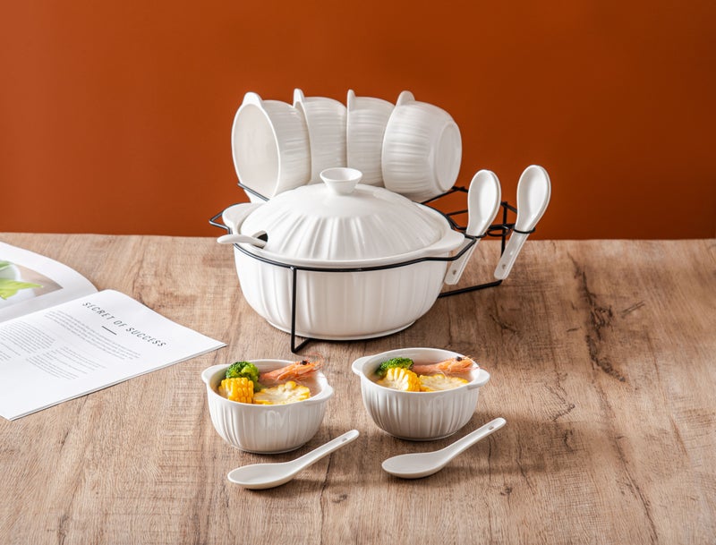 دوف طقم زبديات شوربة وبورسلان 16 قطعة مع ستاند معدني أسود – أبيض (زبدية 10.25 إنش + غطاء + 6 زبديات + ملاعق شوربه + 6 ملاعق)