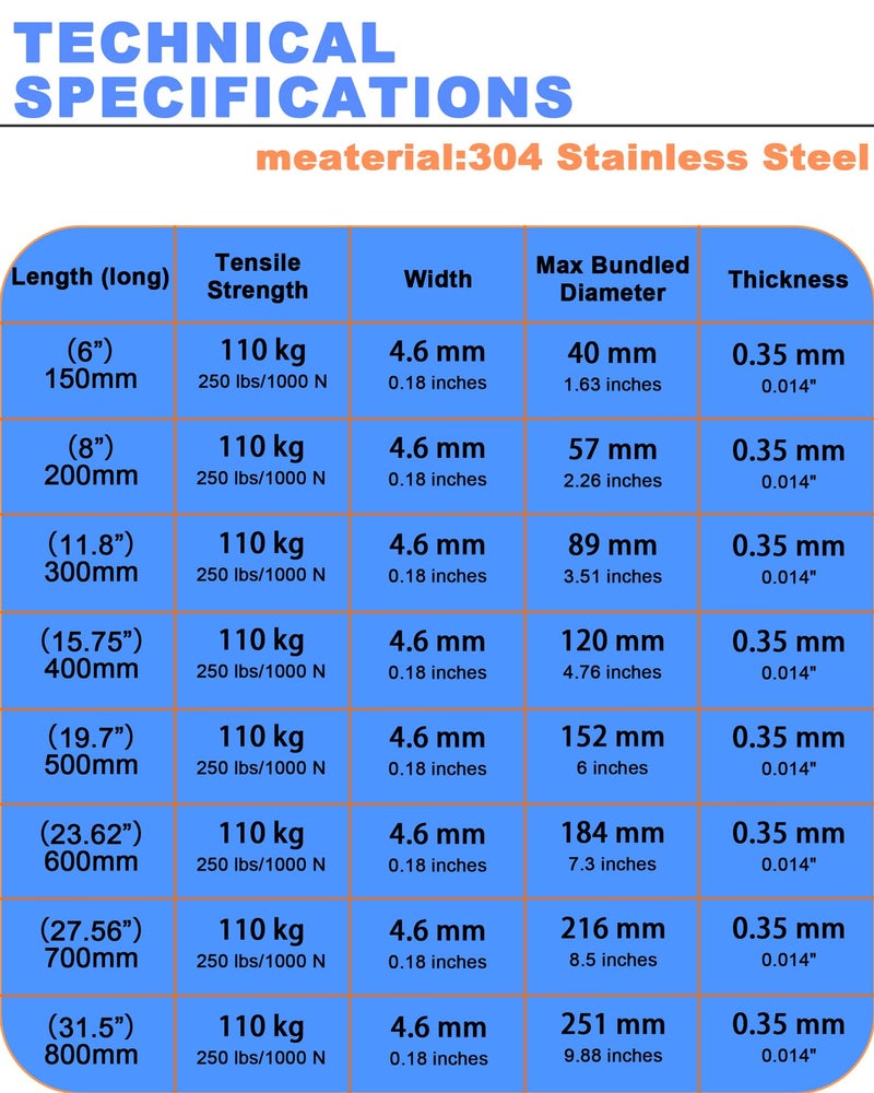 ZOOSUNX Metal Zip Ties of 100 Pcs, 6 IN 304 Stainless Steel Cable Ties, Heavy Duty Metal Zip Ties for Exhaust Wrap, Heat Resistant Fencing Ties. for Pipe, Auto repair. L/6â€(150mm) W/0.18â€(4.6mm) - Image 4