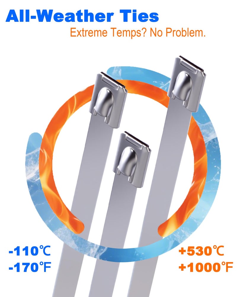 ZOOSUNX Metal Zip Ties of 100 Pcs, 6 IN 304 Stainless Steel Cable Ties, Heavy Duty Metal Zip Ties for Exhaust Wrap, Heat Resistant Fencing Ties. for Pipe, Auto repair. L/6â€(150mm) W/0.18â€(4.6mm) - Image 3
