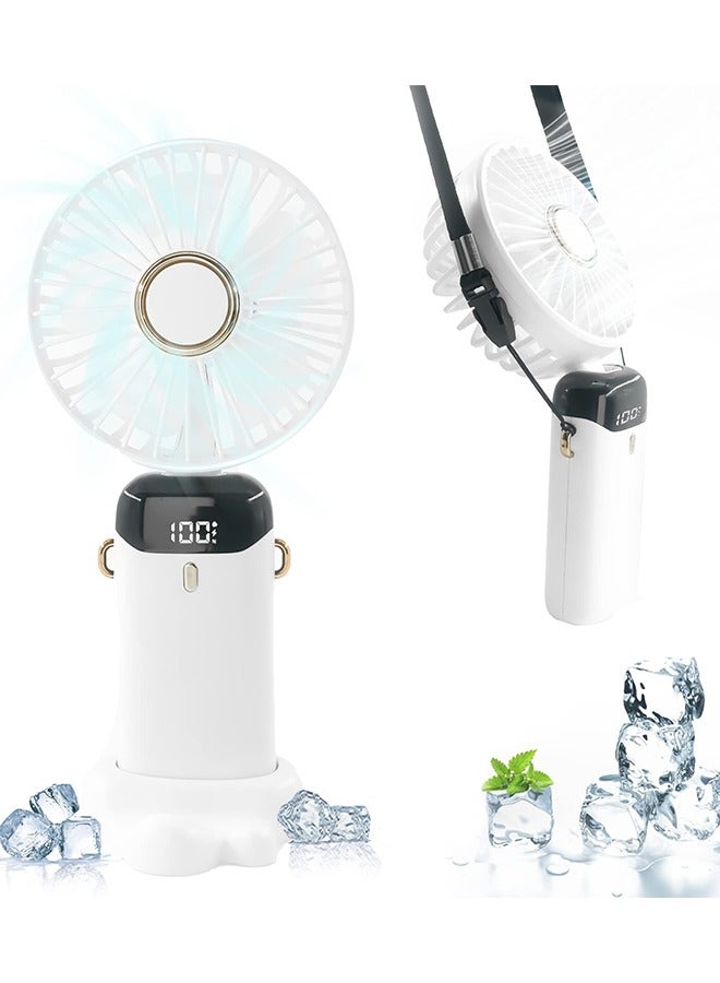 Portable Hand-Held Fan  LED Digital Display 5 Speeds Wind Office Desktop Multifunctional Folding Mini Electric Fan With A Neck Lanyard - Image 1