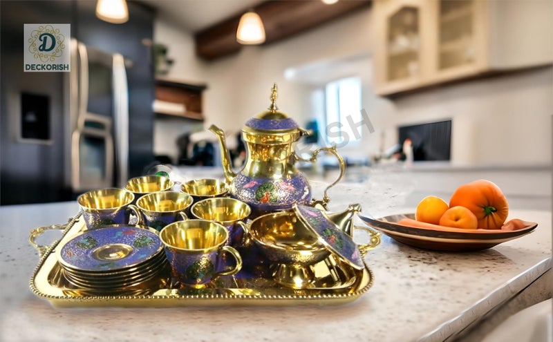 D DECKORISH DECKORISH Brass Vintage Complete Tea Set - Elegant Antique-Style Tea Pot, Cups & Tray for Luxury Home Décor and Entertaining - Image 1