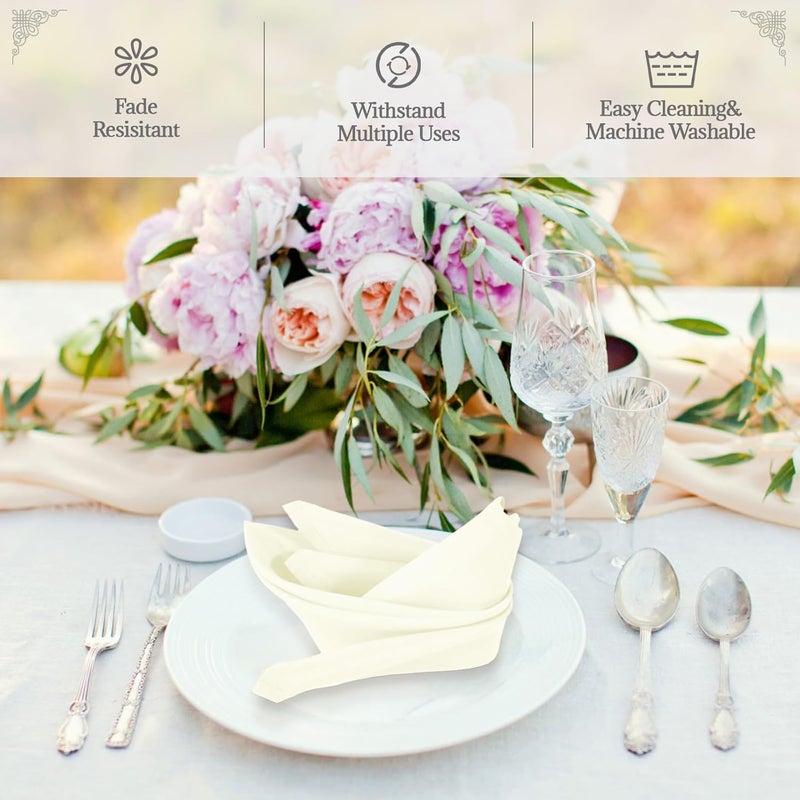 PLOYMONO Ivory Heavy Duty Cloth Napkins - 17 x 17 Inch Solid Washable Polyester Dinner Napkins - Set of 8 Napkins with Hemmed Edges - Great for Weddings, Parties, Banquets Dinner & More - Image 2