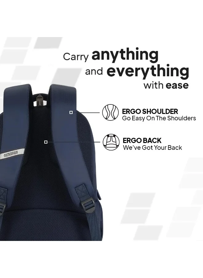 American Tourister Navy Blue Slate 2.0 Backpack 02, 34L Capacity, Polyester, Navy Blue|Fits 15.6" Laptop|Designed For Comfort|Voluminous Front Pocket|Lightweight|Bottle Holder - 1 Year International Warranty  | Best Price UAE