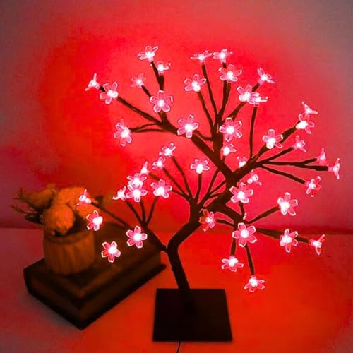 KHIZAR Christmas Tree Decoration LED Cherry Blossom Lights Tree, Artificial Flower Bonsai Tree Table Top Lamp Home Centerpieces Wedding Thanks Giving Gift Decoration (28 LED RED Color) - Image 1