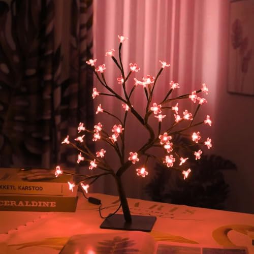 KHIZAR Christmas Tree Decoration LED Cherry Blossom Lights Tree, Artificial Flower Bonsai Tree Table Top Lamp Home Centerpieces Wedding Thanks Giving Gift Decoration (28 LED RED Color) - Image 3