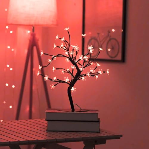 KHIZAR Christmas Tree Decoration LED Cherry Blossom Lights Tree, Artificial Flower Bonsai Tree Table Top Lamp Home Centerpieces Wedding Thanks Giving Gift Decoration (28 LED RED Color) - Image 4
