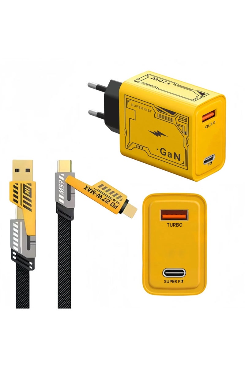 Plan A 120W Fast Charger Power Adapter, Type-C Cable 1 Meter, 2-in-1 Turbo Charging, Yellow color - Image 1