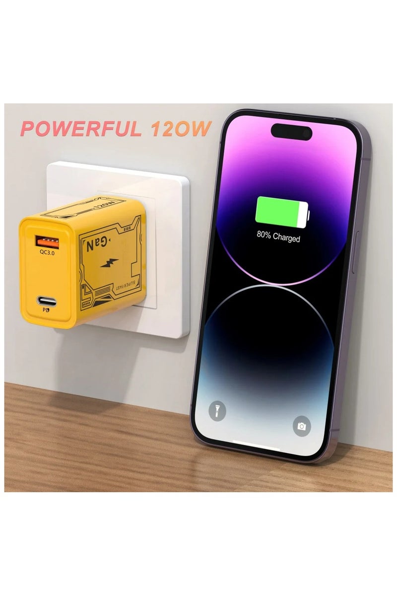Plan A 120W Fast Charger Power Adapter, Type-C Cable 1 Meter, 2-in-1 Turbo Charging, Yellow color - Image 2