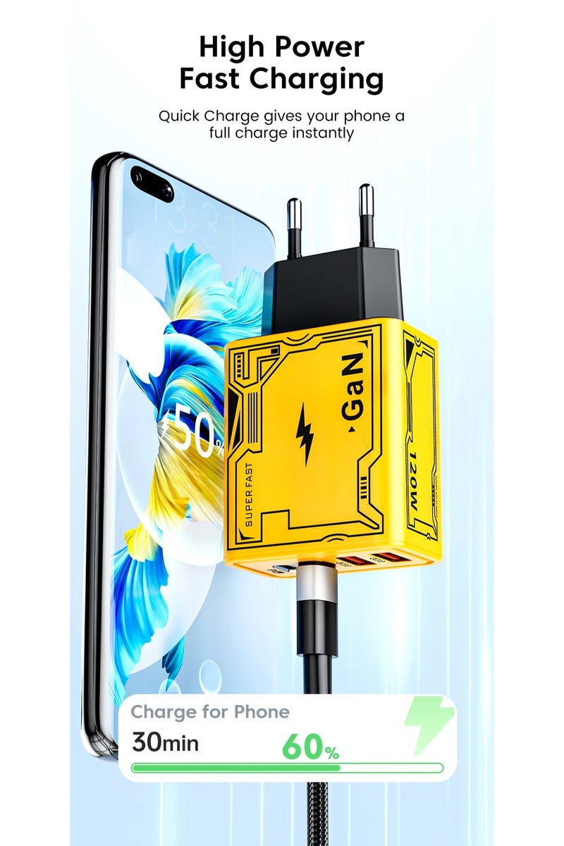 Plan A 120W Fast Charger Power Adapter, Type-C Cable 1 Meter, 2-in-1 Turbo Charging, Yellow color - Image 3