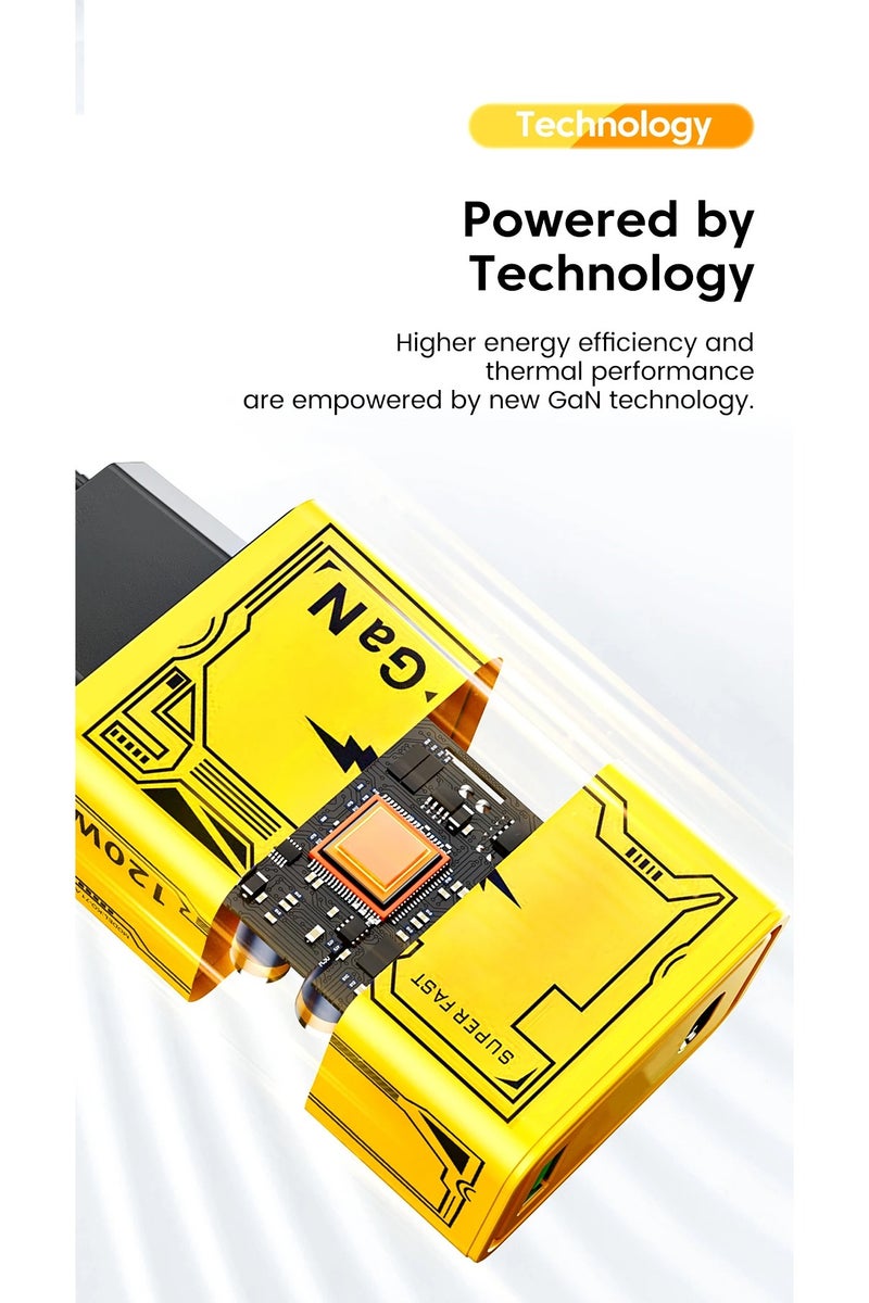 Plan A 120W Fast Charger Power Adapter, Type-C Cable 1 Meter, 2-in-1 Turbo Charging, Yellow color - Image 4