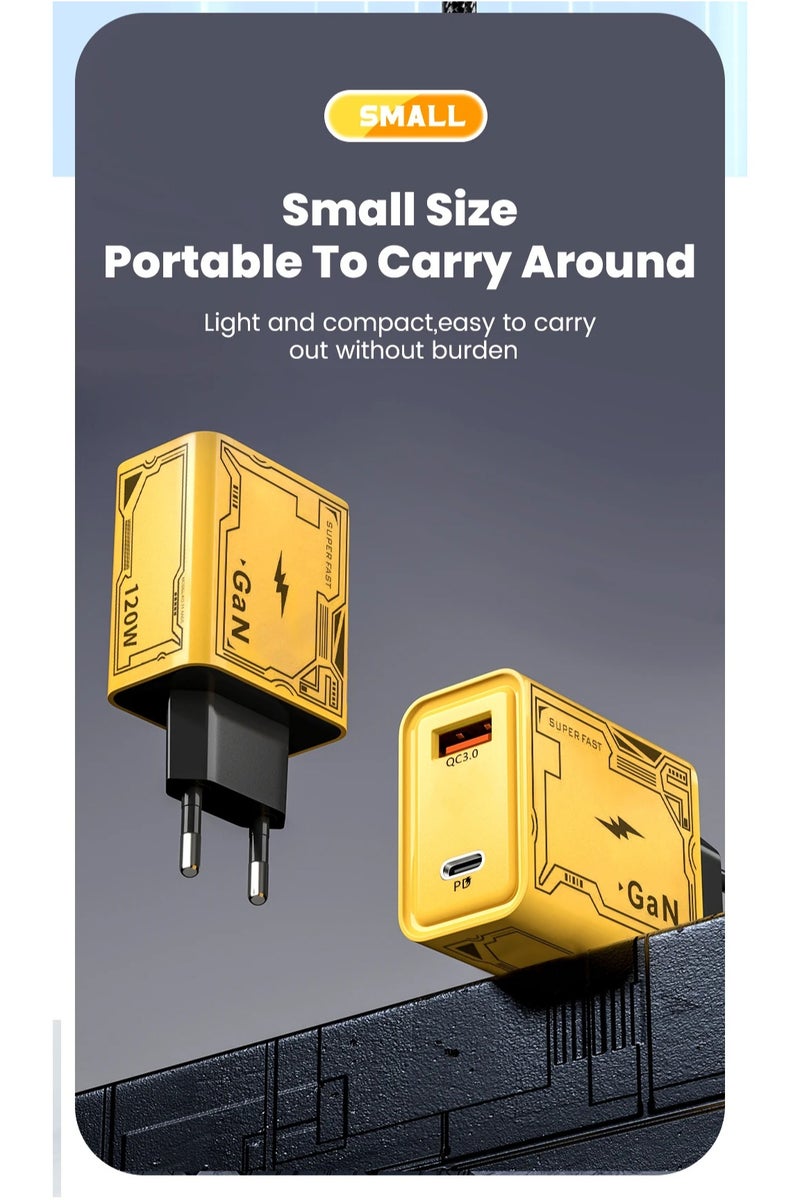 Plan A 120W Fast Charger Power Adapter, Type-C Cable 1 Meter, 2-in-1 Turbo Charging, Yellow color - Image 5