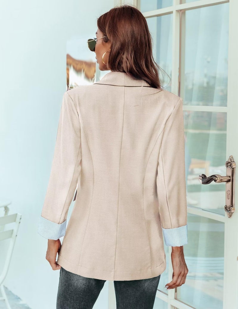 Genhoo Blazers for Women Long Sleeve Open Front Button Casual Jackets Work Suit with Pockets Beige Large - Image 4