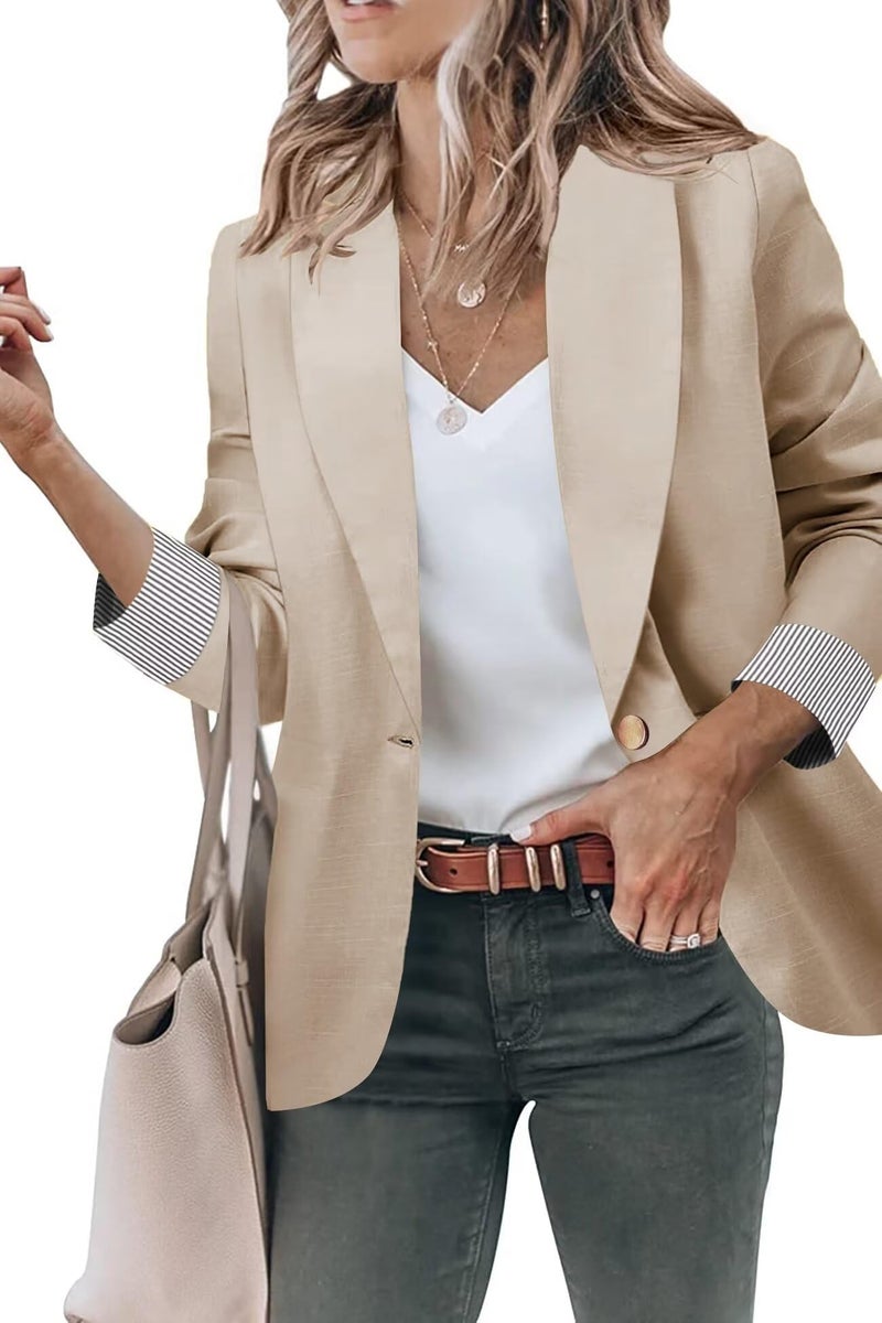 Genhoo Blazers for Women Long Sleeve Open Front Button Casual Jackets Work Suit with Pockets Beige Large - Image 1