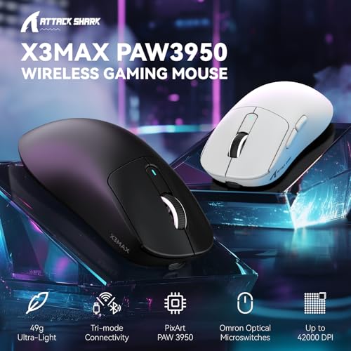 MAMBASNAKE Attack Shark X3MAX Wireless Gaming Mouse,PixArt PAW3950 42000 DPI,49g Ultralight Tri-Mode(BT5.4/2.4GHz/Wired), 1K Polling Rate Programmable Computer Mice for PC/MAC/Win - Black - Image 2