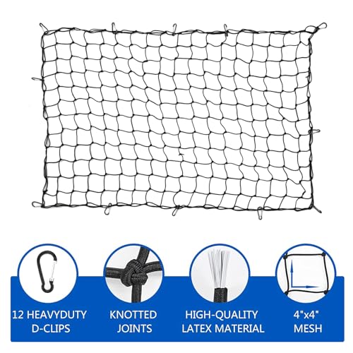 amiss شبكة شحن شاحنة أميس 4' x 6' تمتد إلى 8' x 12'، شبكة شحن للسقف لشاحنات البيك أب وSUV، شبكة بونجي ثقيلة للشاحنة مع 12 مشبك أسود وحقيبة تخزين، ملحقات خارجية للسيارة - Image 3