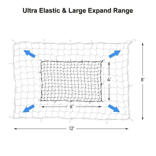 amiss شبكة شحن شاحنة أميس 4' x 6' تمتد إلى 8' x 12'، شبكة شحن للسقف لشاحنات البيك أب وSUV، شبكة بونجي ثقيلة للشاحنة مع 12 مشبك أسود وحقيبة تخزين، ملحقات خارجية للسيارة - Image 2
