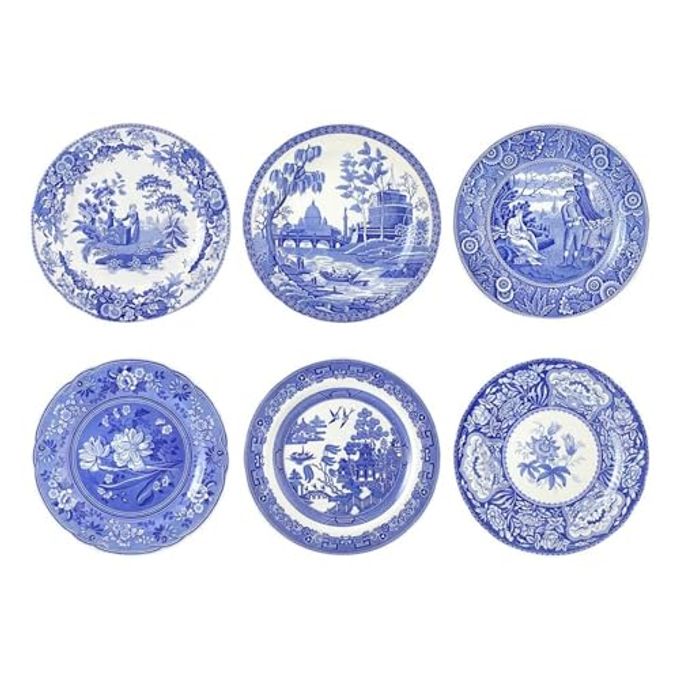 Spode Blue Room Georgian Plate Set, Set of 6 - Decorative 10.5-Inch Earthenware Plates Featuring Botanical & Historic Designs - Vintage Dinnerware Set for Dining or Display - Made in England