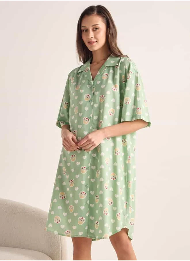 فاف Printed Sleepshirt with Collar and Short Sleeves