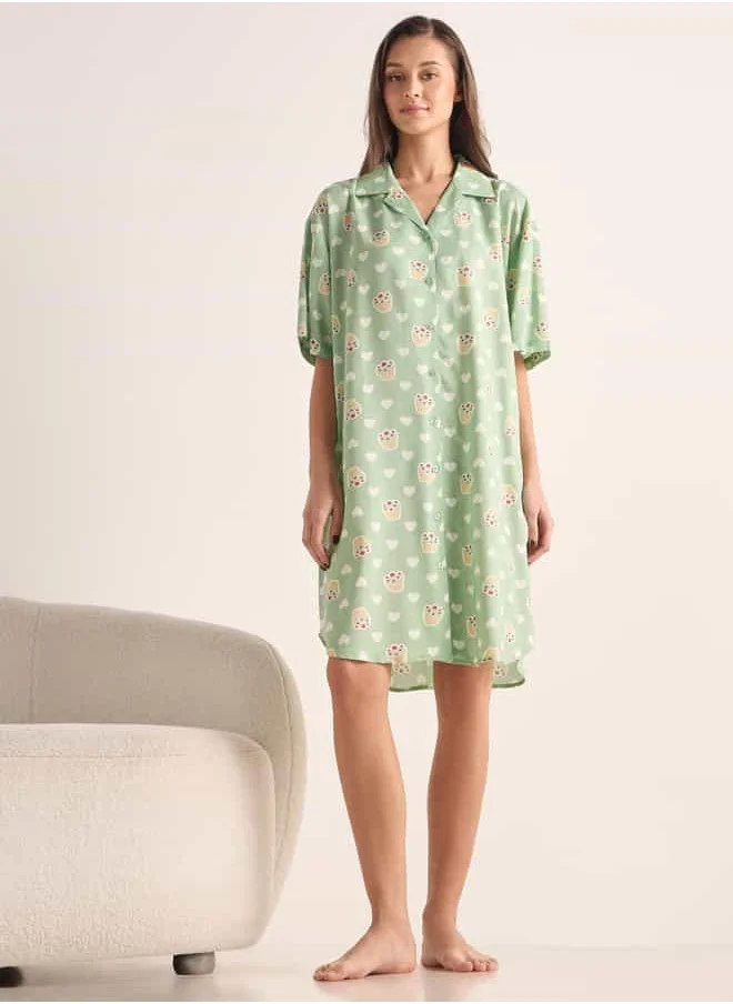 فاف Printed Sleepshirt with Collar and Short Sleeves