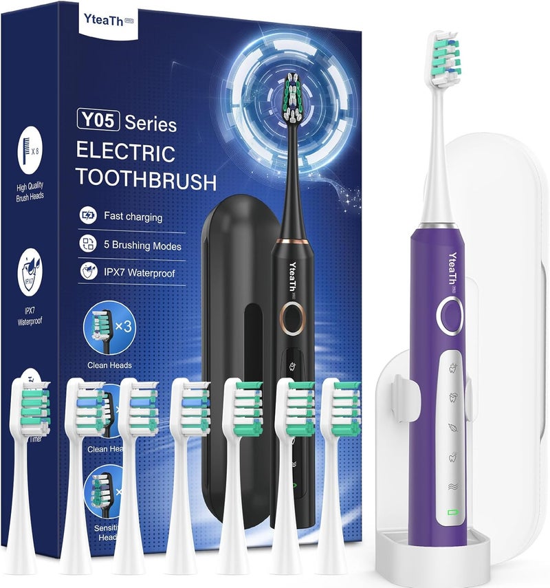 YTEATH PRO Sonic Electric Toothbrush for Women - Adult Sonic Toothbrush with 8 Brush Heads and Travel Case, 5 Modes, IPX7 Waterproof, Rechargeable Travel Electric Toothbrush, Purple - Image 1