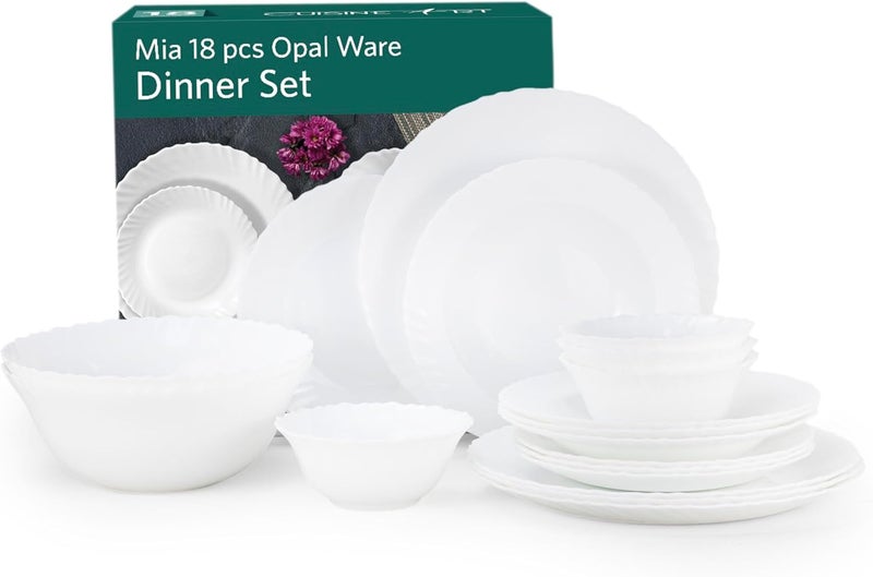 Cuisine Art ORA MIA 18-Piece Opalware Dinner Set, White - Durable Lightweight Opal Glass Crockery|4 Full Plates,4 Quarter Plates,4 Soup Plates,4 Soup Bowls,2 Serving Bowls - Dinnerware - Image 4