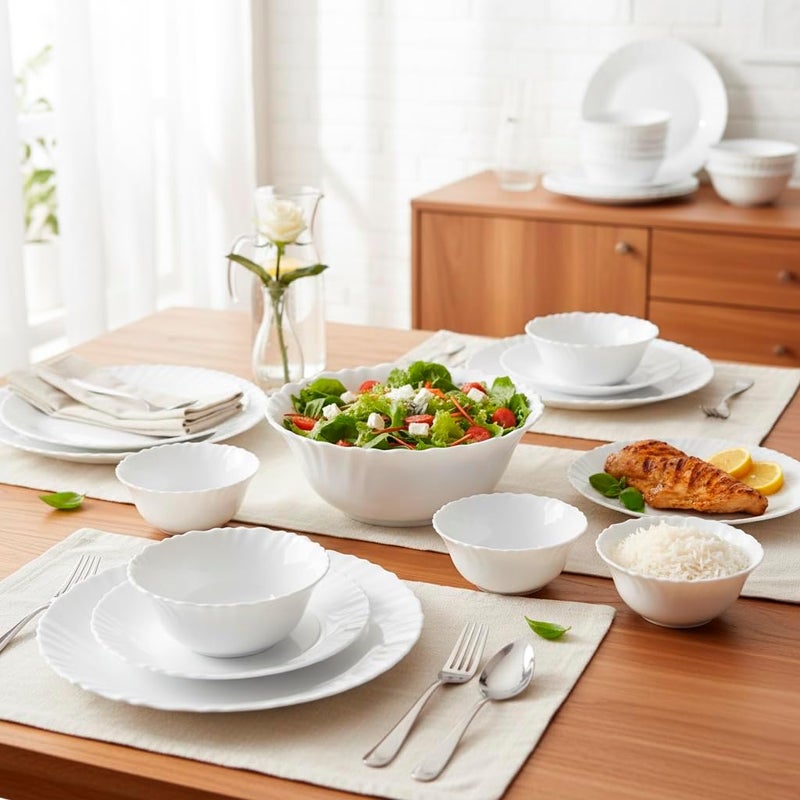 Cuisine Art ORA MIA 18-Piece Opalware Dinner Set, White - Durable Lightweight Opal Glass Crockery|4 Full Plates,4 Quarter Plates,4 Soup Plates,4 Soup Bowls,2 Serving Bowls - Dinnerware - Image 2