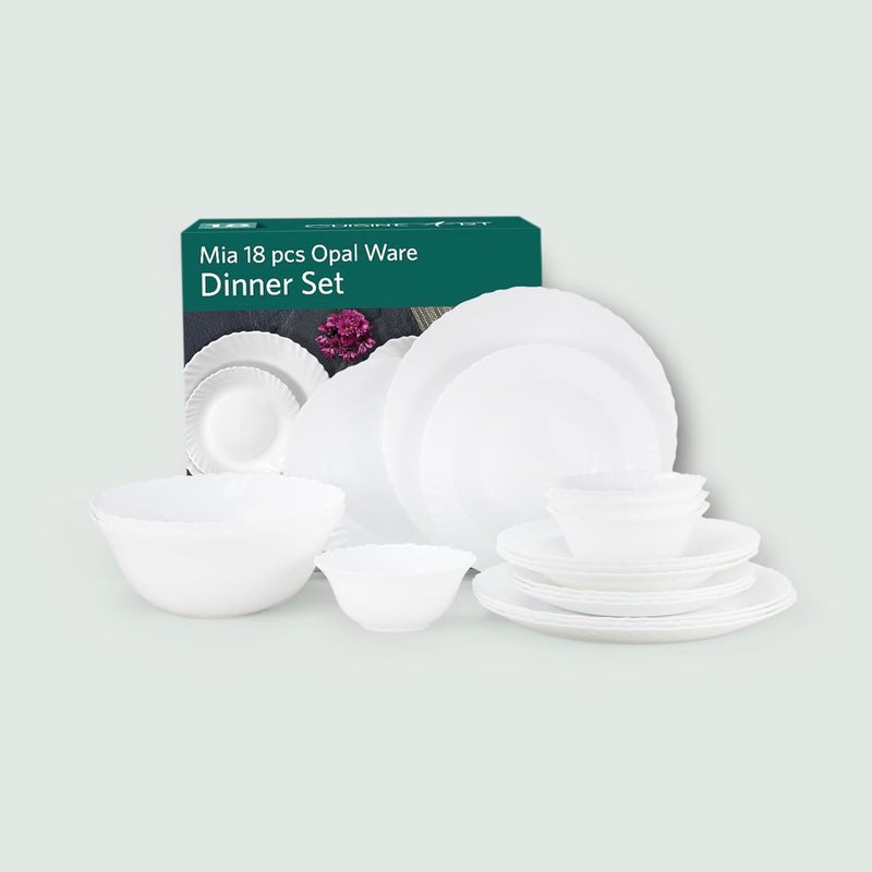Cuisine Art ORA MIA 18-Piece Opalware Dinner Set, White - Durable Lightweight Opal Glass Crockery|4 Full Plates,4 Quarter Plates,4 Soup Plates,4 Soup Bowls,2 Serving Bowls - Dinnerware - Image 5