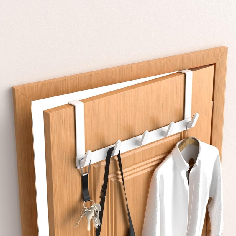 Excefore Over the Door Hook Rack with 5 Hooks, Versatile Door Hanger for Coats, Towels, Bags, Keys, Ideal for Bathroom, Bedroom, Behind Back of Door, White - Image 4