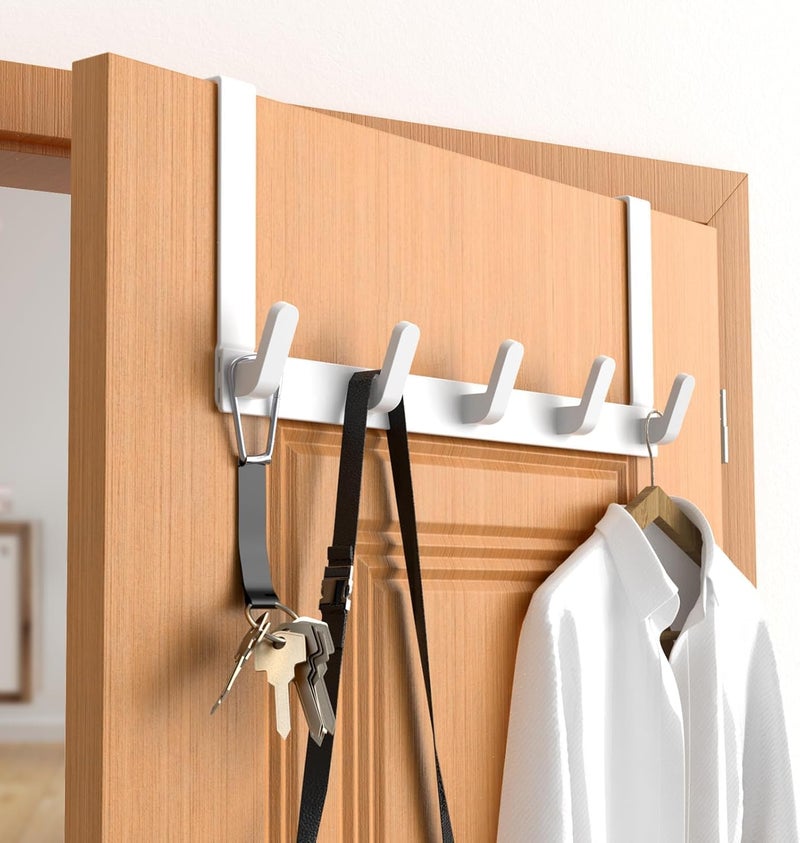 Excefore Over the Door Hook Rack with 5 Hooks, Versatile Door Hanger for Coats, Towels, Bags, Keys, Ideal for Bathroom, Bedroom, Behind Back of Door, White - Image 1