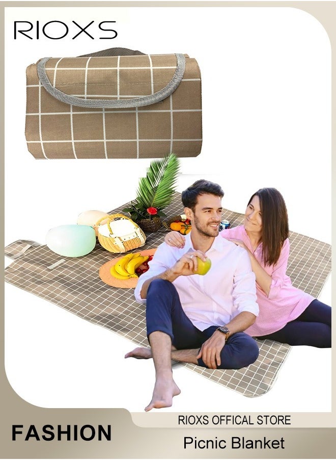 RIOXS Picnic Blanket,Outdoor Foldable Blankets,Waterproof Beach Picnic Blanket,Portable Picnic Mat With Disposable Picnic Mats,For Camping Family Park Garden-Brown 200X200cm; 3-4 Person  - Image 1